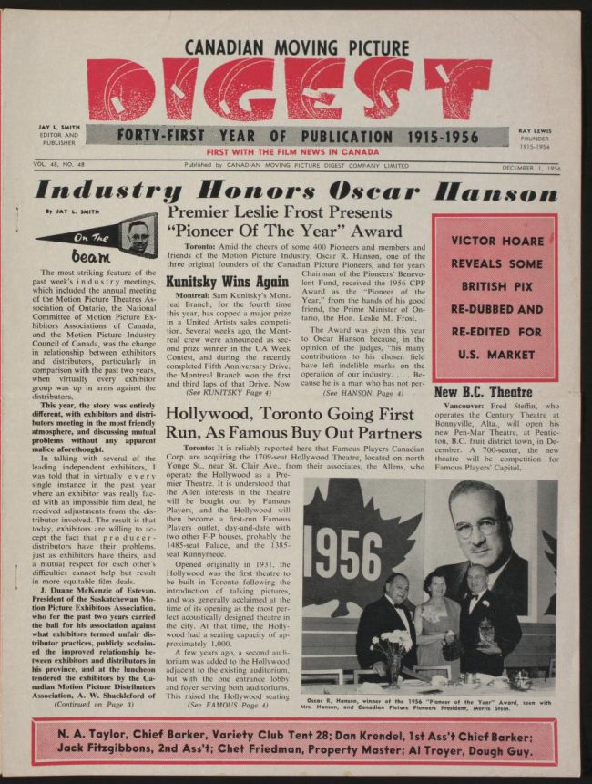 CANADIAN MOVING PICTURE DIGEST magazine side cover 1 December 1956
