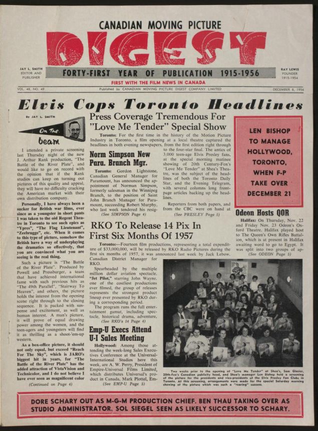 CANADIAN MOVING PICTURE DIGEST magazine side cover 8 December 1956