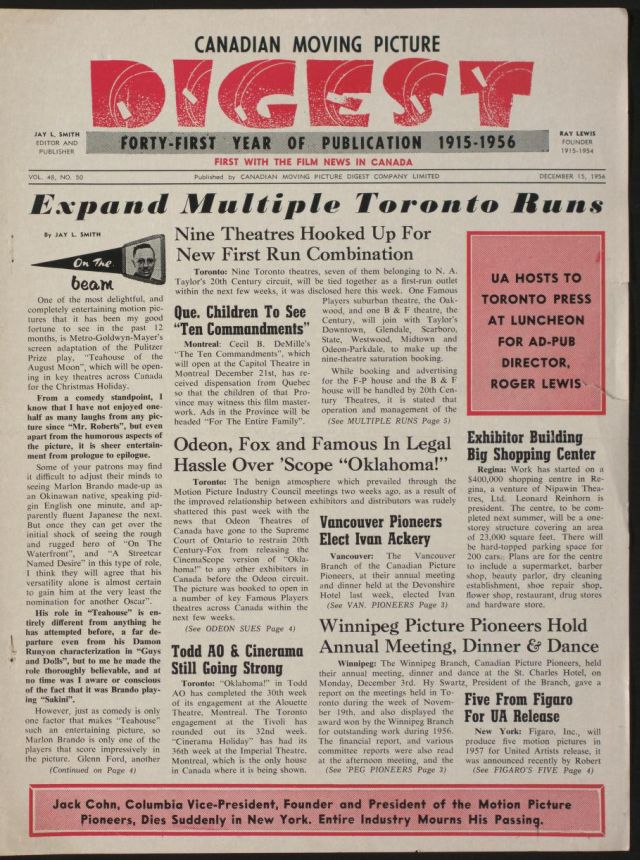 CANADIAN MOVING PICTURE DIGEST magazine side cover 15 December 1956