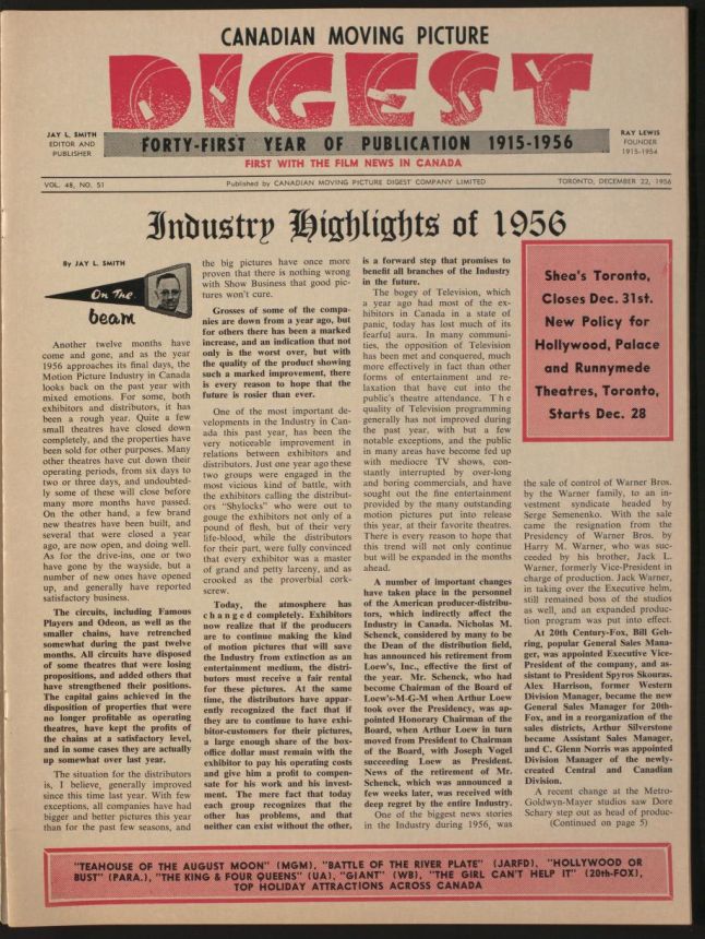 CANADIAN MOVING PICTURE DIGEST magazine side cover 22 December 1956