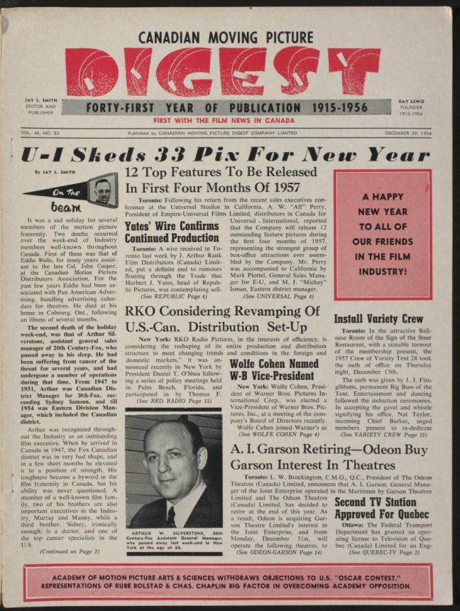 CANADIAN MOVING PICTURE DIGEST magazine side cover 29 December 1956