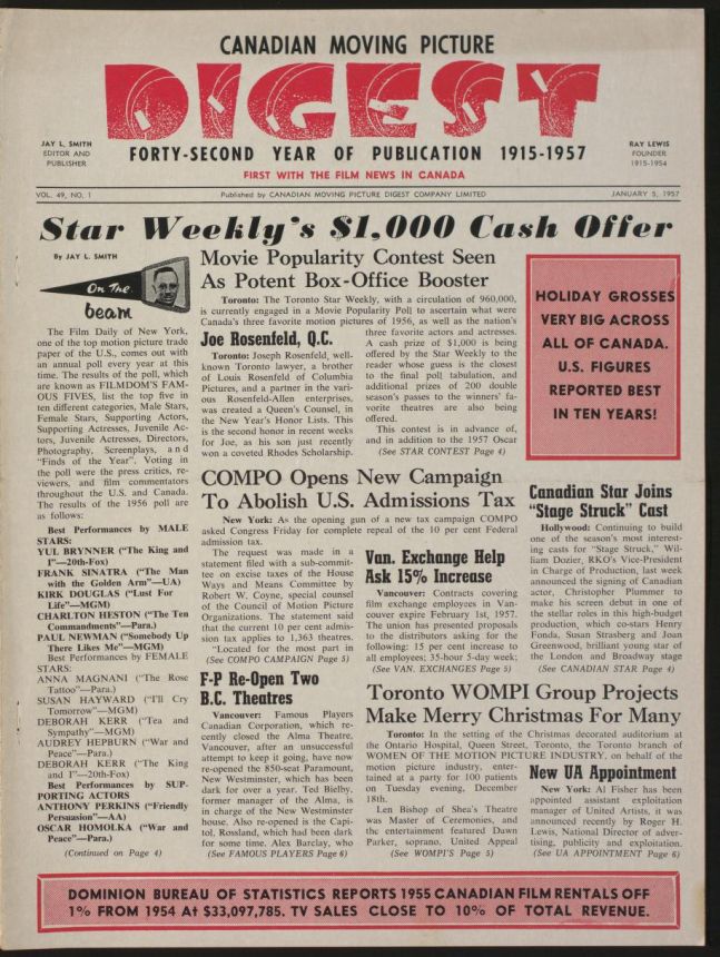 CANADIAN MOVING PICTURE DIGEST magazine side cover 5 January 1957