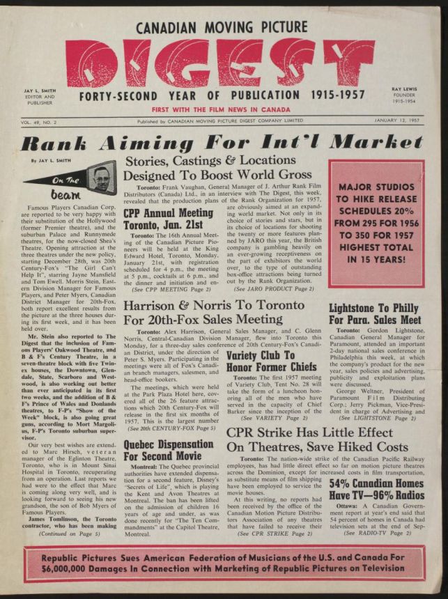 CANADIAN MOVING PICTURE DIGEST magazine side cover 12 January 1957