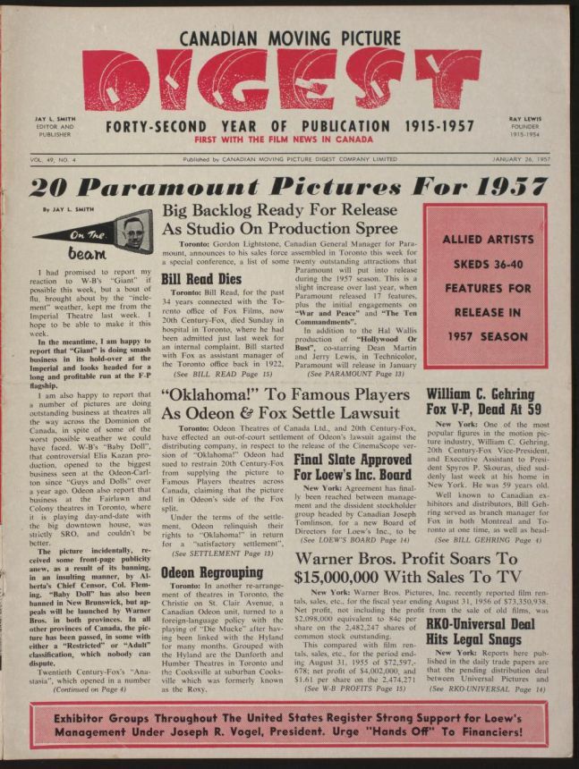 CANADIAN MOVING PICTURE DIGEST magazine side cover 26 January 1957