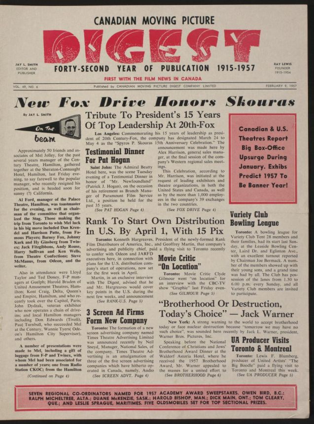 CANADIAN MOVING PICTURE DIGEST magazine side cover 9 February 1957