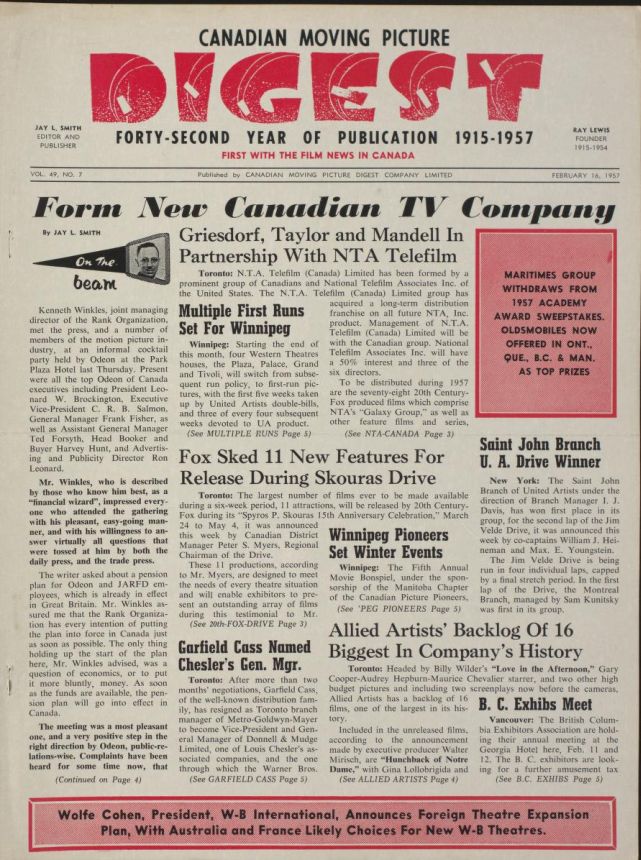 CANADIAN MOVING PICTURE DIGEST magazine side cover 16 February 1957