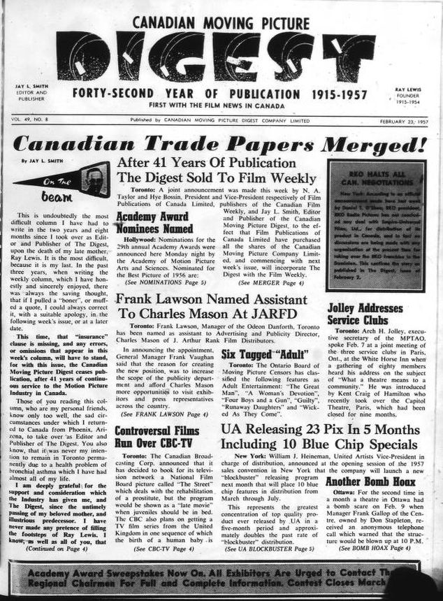 CANADIAN MOVING PICTURE DIGEST magazine side cover 23 February 1957