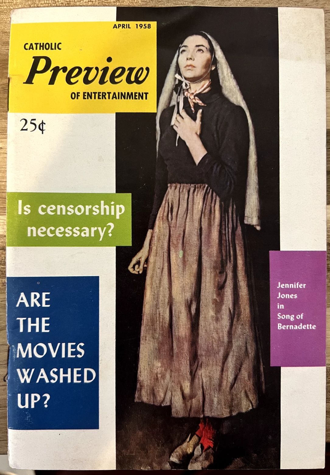 CATHOLIC PREVIEW OF ENTERTAINMENT magazine side cover  April 1958