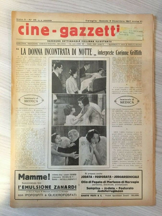 CINE-GAZZETTINO magazine side cover Issue 49 3 December 1927
