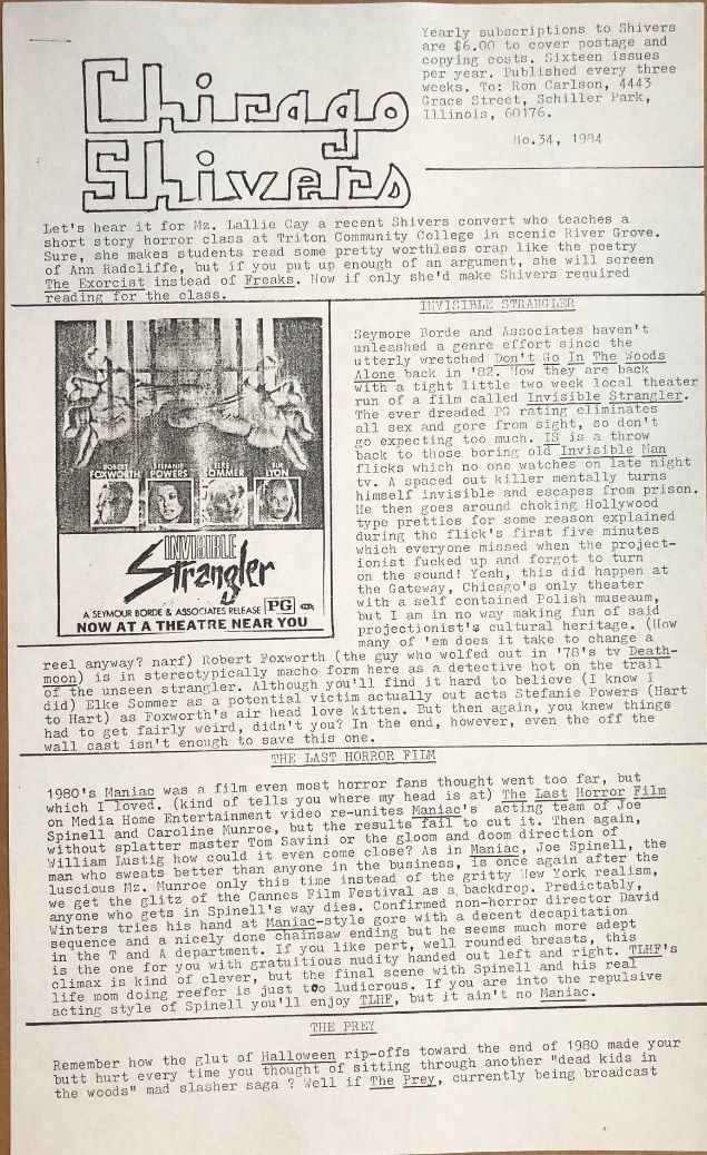CHICAGO SHIVERS magazine side cover Issue 34   1984