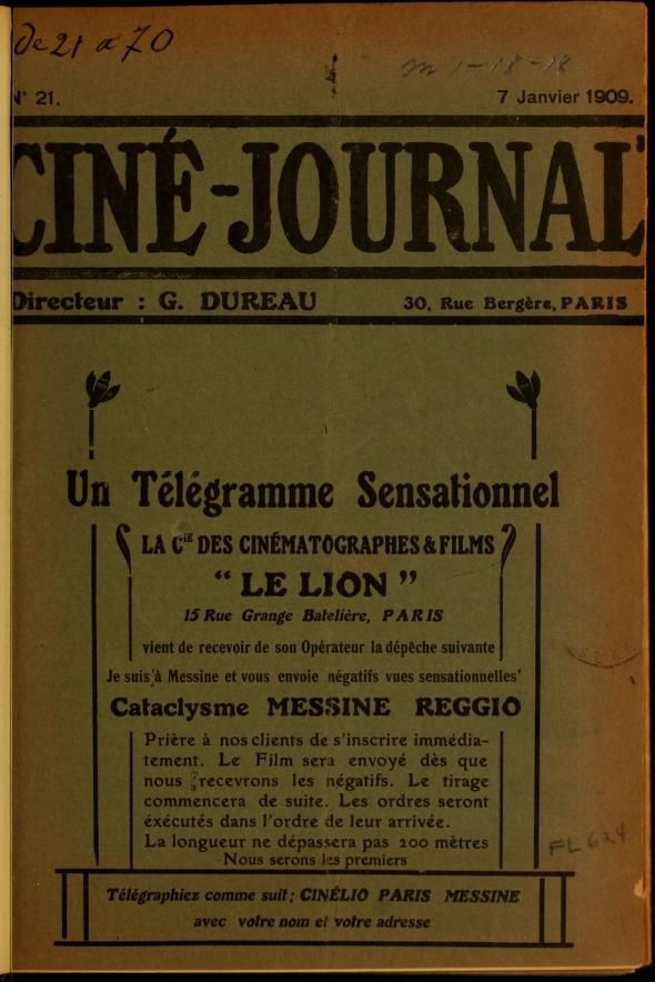 CINE-JOURNAL, LE JOURNAL DU FILM magazine side cover Issue 21 7 January 1909
