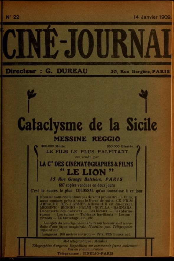 CINE-JOURNAL, LE JOURNAL DU FILM magazine side cover Issue 22 14 January 1909