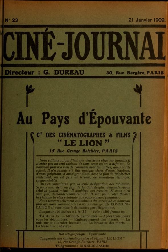 CINE-JOURNAL, LE JOURNAL DU FILM magazine side cover Issue 23 21 January 1909