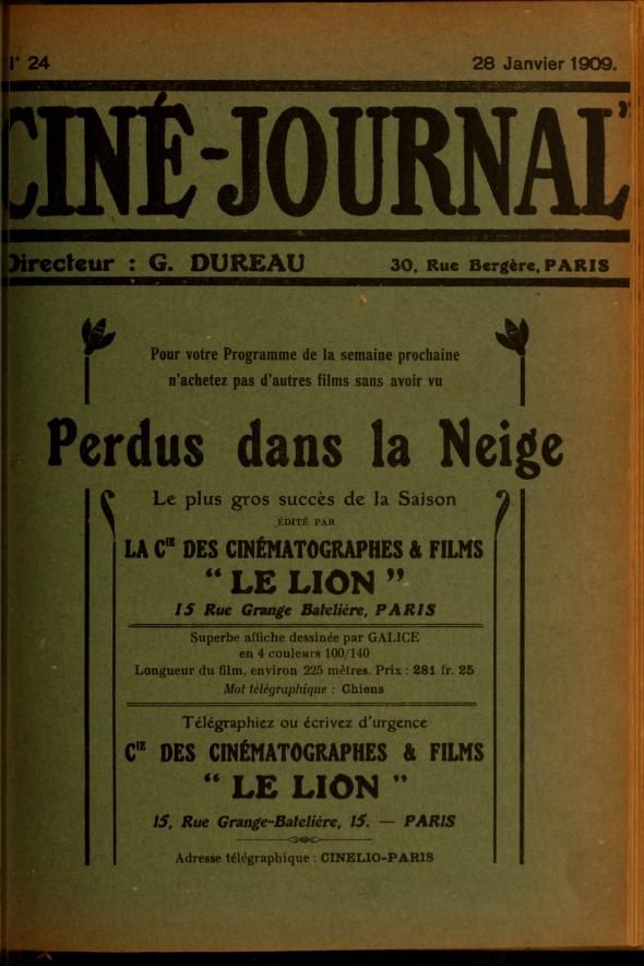 CINE-JOURNAL, LE JOURNAL DU FILM magazine side cover Issue 24 28 January 1909