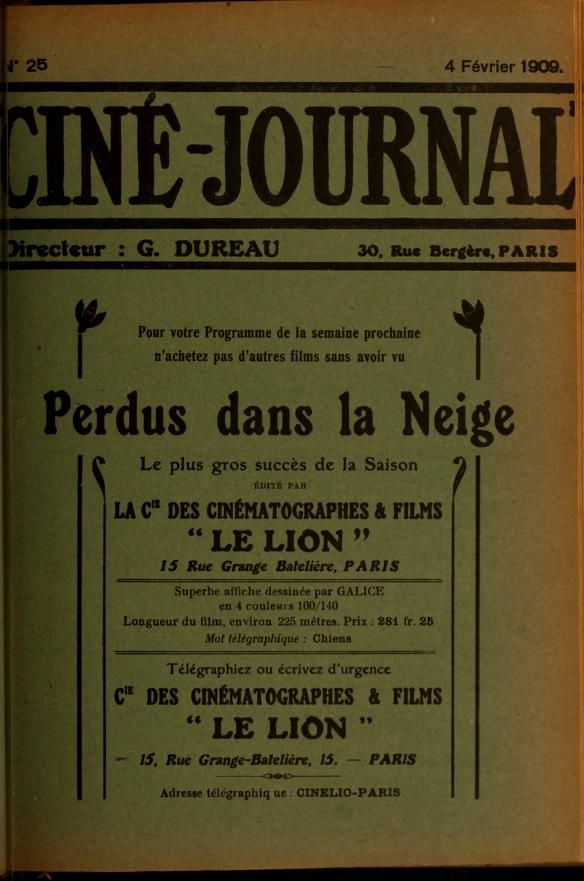 CINE-JOURNAL, LE JOURNAL DU FILM magazine side cover Issue 25 4 February 1909