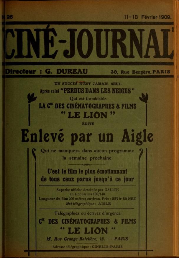CINE-JOURNAL, LE JOURNAL DU FILM magazine side cover Issue 26 11 February 1909