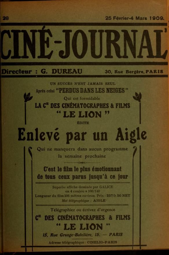 CINE-JOURNAL, LE JOURNAL DU FILM magazine side cover Issue 28 25 February 1909