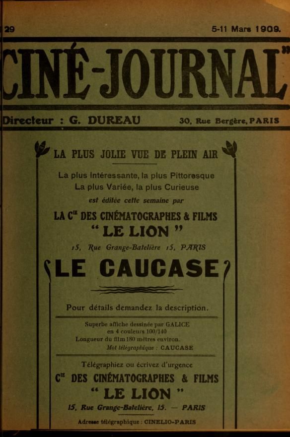 CINE-JOURNAL, LE JOURNAL DU FILM magazine side cover Issue 29 4 March 1909