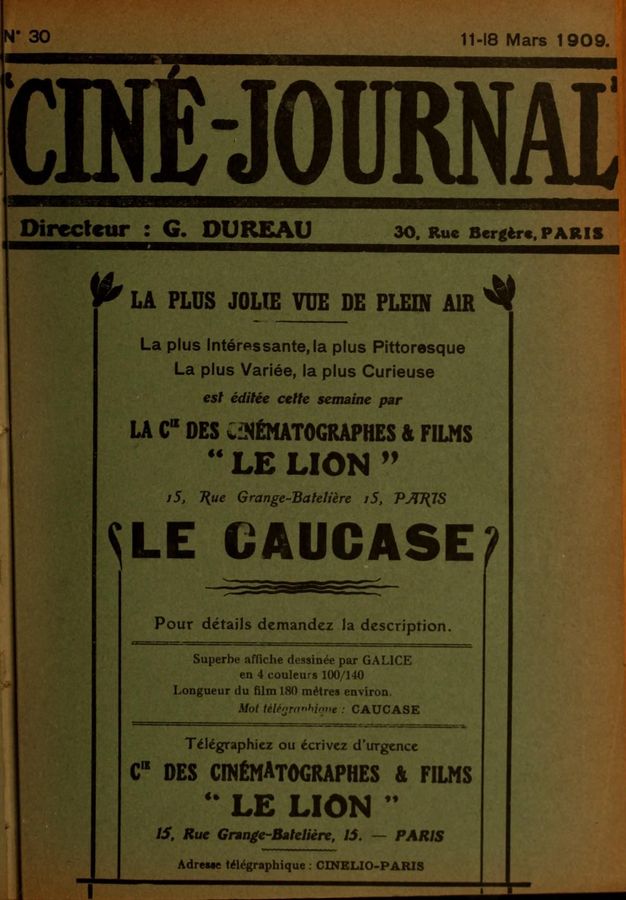 CINE-JOURNAL, LE JOURNAL DU FILM magazine side cover Issue 30 11 March 1909