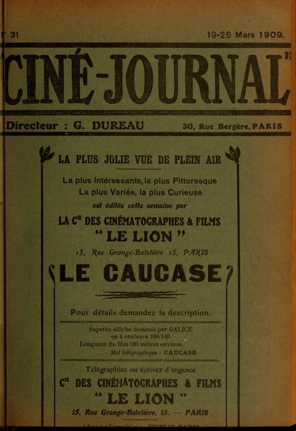 CINE-JOURNAL, LE JOURNAL DU FILM magazine side cover Issue 31 19 March 1909
