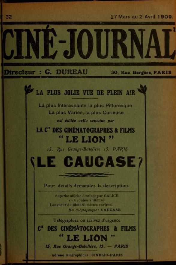 CINE-JOURNAL, LE JOURNAL DU FILM magazine side cover Issue 32 27 March 1909