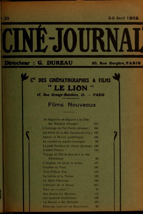 CINE-JOURNAL, LE JOURNAL DU FILM magazine side cover Issue 33 3 April 1909