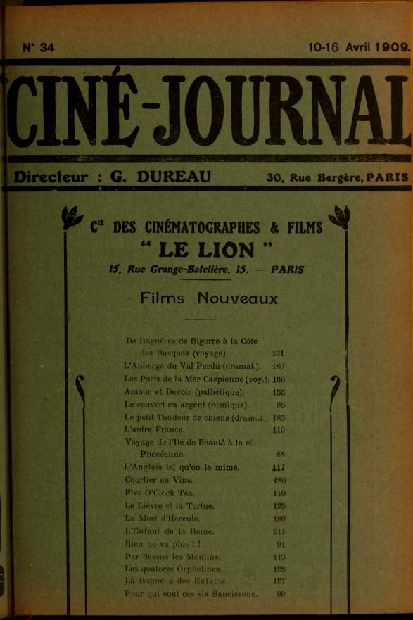 CINE-JOURNAL, LE JOURNAL DU FILM magazine side cover Issue 34 10 April 1909