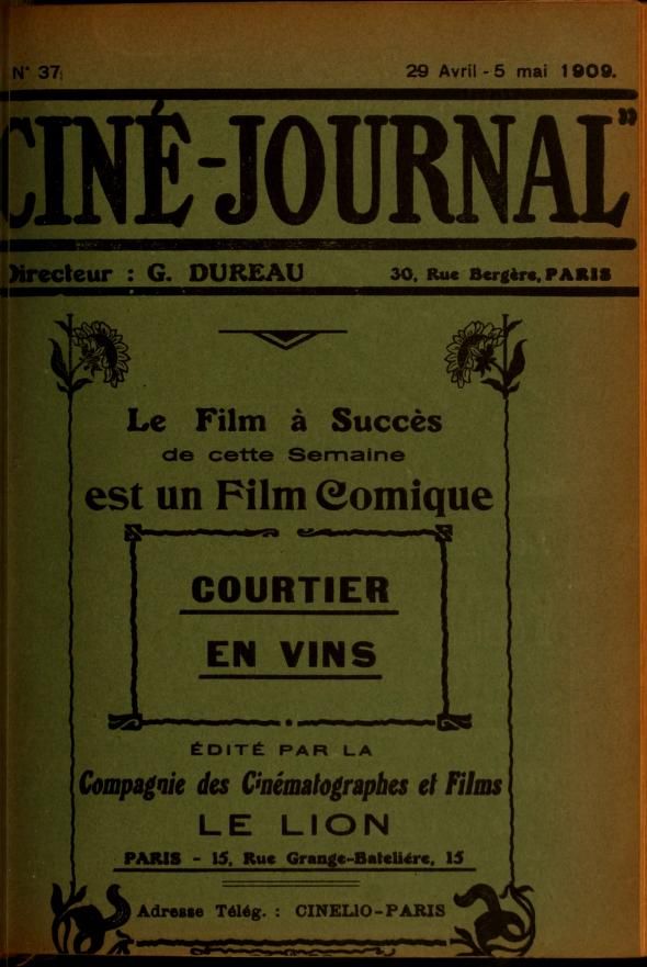 CINE-JOURNAL, LE JOURNAL DU FILM magazine side cover Issue 37 29 April 1909