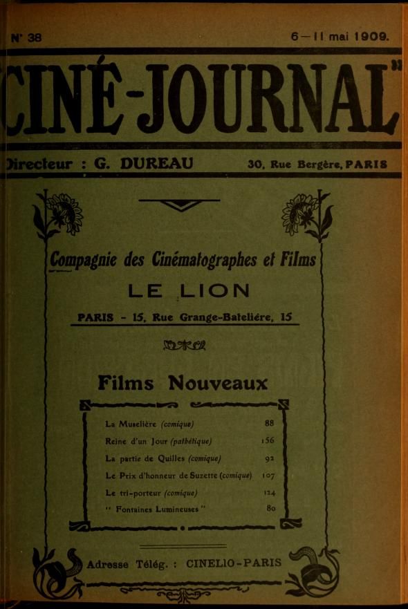 CINE-JOURNAL, LE JOURNAL DU FILM magazine side cover Issue 38 6 May 1909