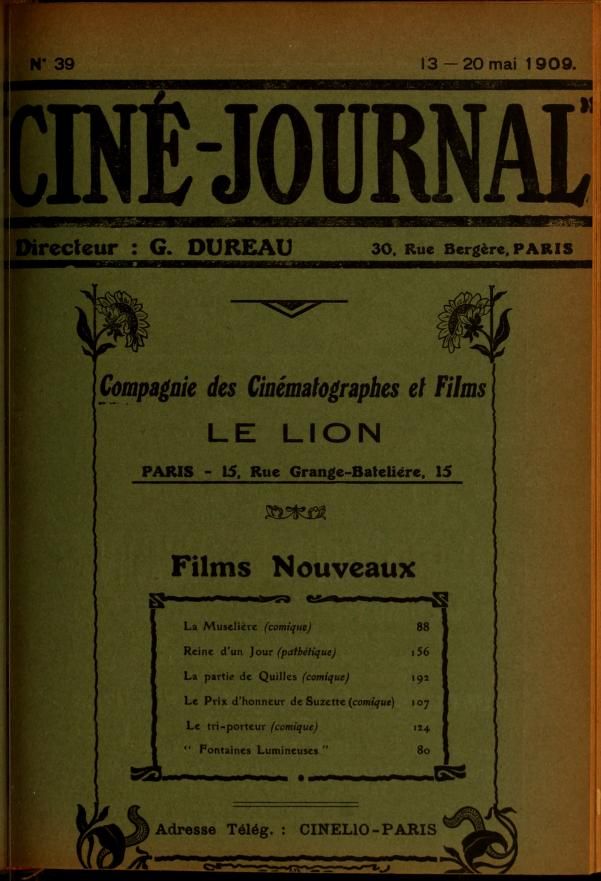 CINE-JOURNAL, LE JOURNAL DU FILM magazine side cover Issue 39 13 May 1909