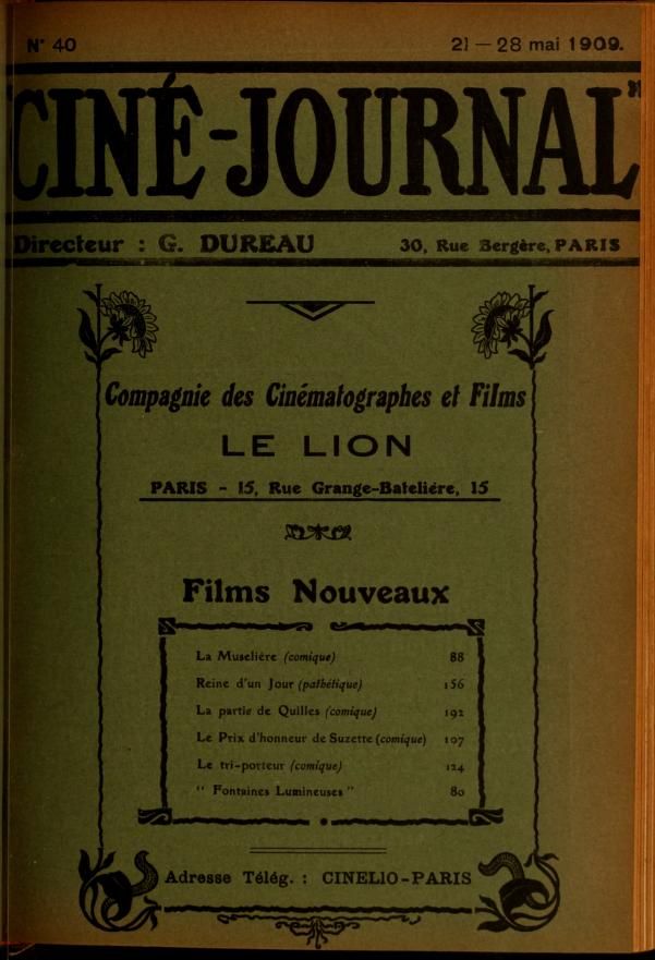 CINE-JOURNAL, LE JOURNAL DU FILM magazine side cover Issue 40 21 May 1909