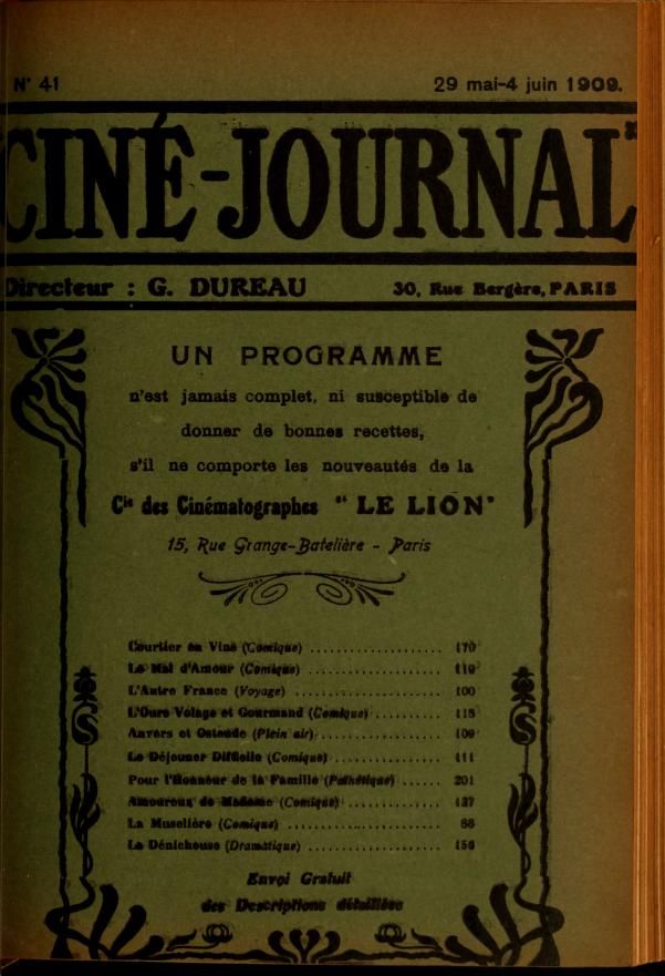 CINE-JOURNAL, LE JOURNAL DU FILM magazine side cover Issue 41 29 May 1909