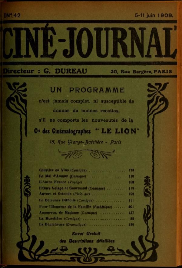 CINE-JOURNAL, LE JOURNAL DU FILM magazine side cover Issue 42 5 June 1909