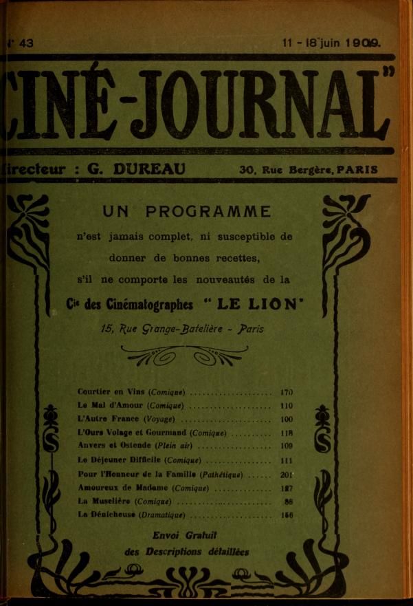 CINE-JOURNAL, LE JOURNAL DU FILM magazine side cover Issue 43 11 June 1909