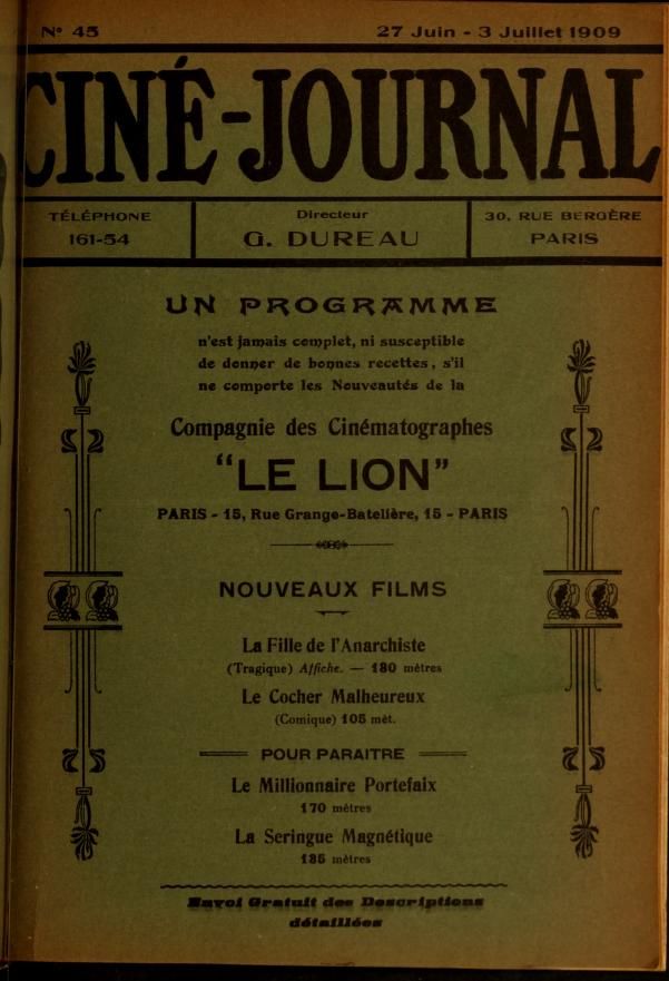 CINE-JOURNAL, LE JOURNAL DU FILM magazine side cover Issue 45 25 June 1909