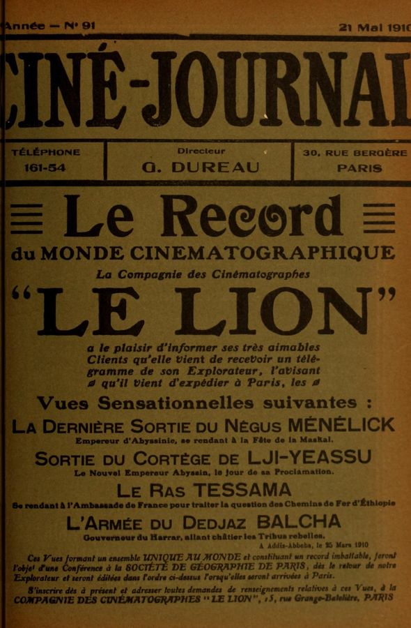 CINE-JOURNAL, LE JOURNAL DU FILM magazine side cover Issue 91 21 May 1910
