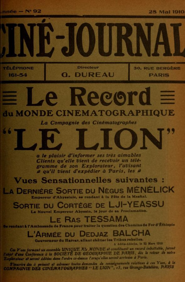 CINE-JOURNAL, LE JOURNAL DU FILM magazine side cover Issue 92 28 May 1910