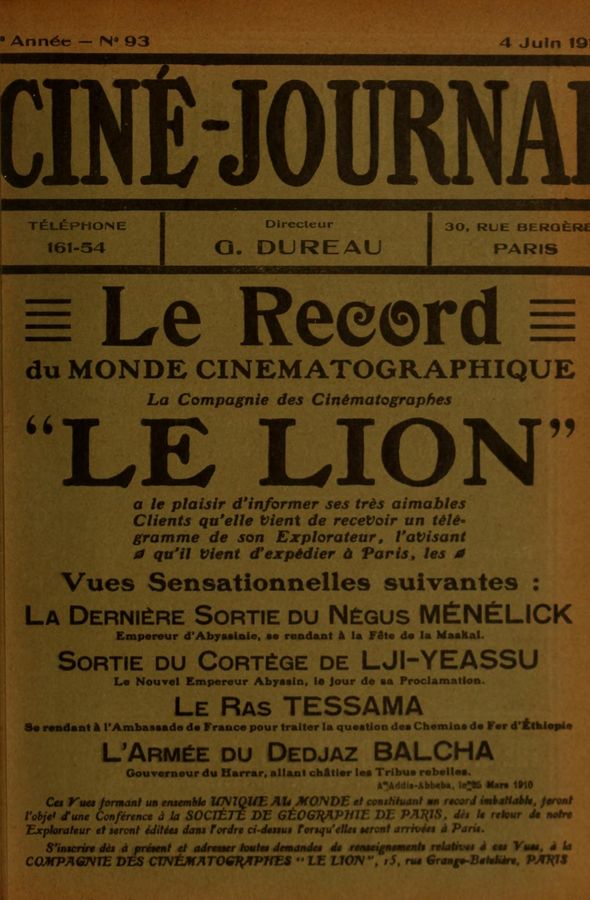 CINE-JOURNAL, LE JOURNAL DU FILM magazine side cover Issue 93 4 June 1910