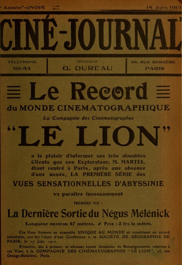 CINE-JOURNAL, LE JOURNAL DU FILM magazine side cover Issue 95 18 June 1910