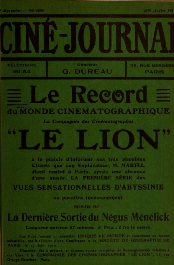 CINE-JOURNAL, LE JOURNAL DU FILM magazine side cover Issue 96 25 June 1910