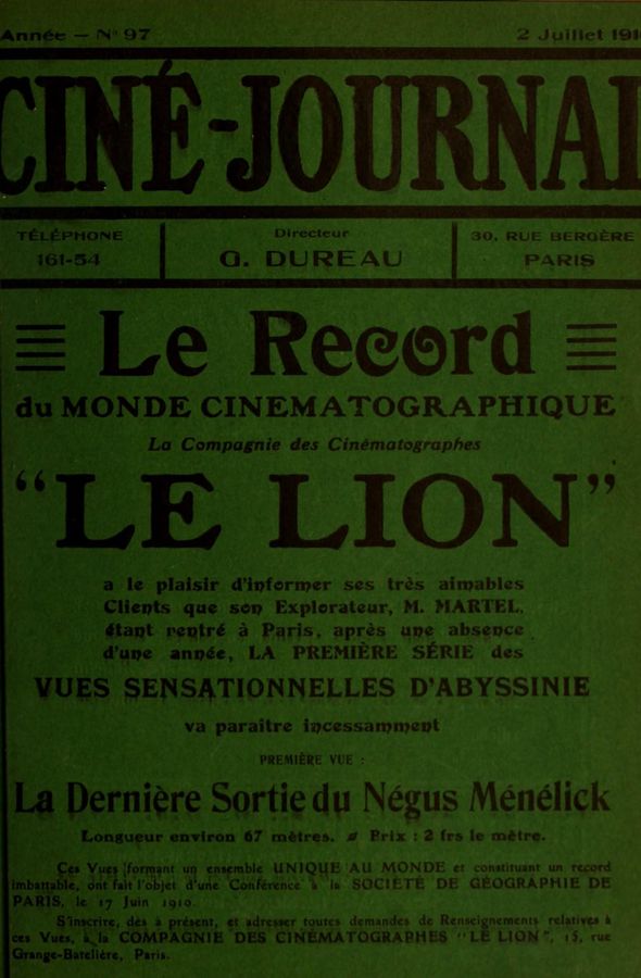 CINE-JOURNAL, LE JOURNAL DU FILM magazine side cover Issue 97 2 July 1910