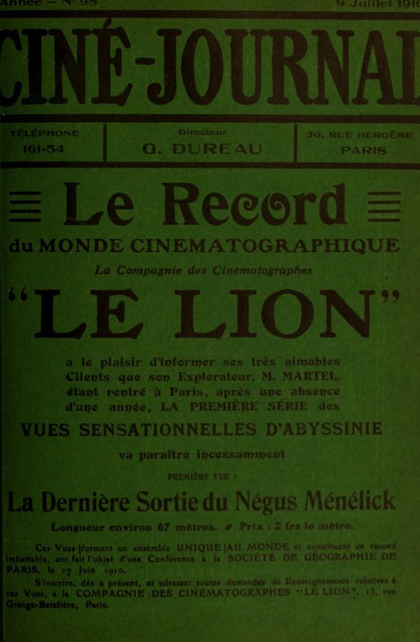 CINE-JOURNAL, LE JOURNAL DU FILM magazine side cover Issue 98 9 July 1910