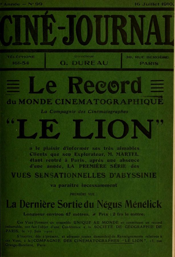 CINE-JOURNAL, LE JOURNAL DU FILM magazine side cover Issue 99 16 July 1910