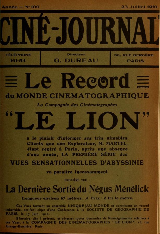 CINE-JOURNAL, LE JOURNAL DU FILM magazine side cover Issue 100 23 July 1910