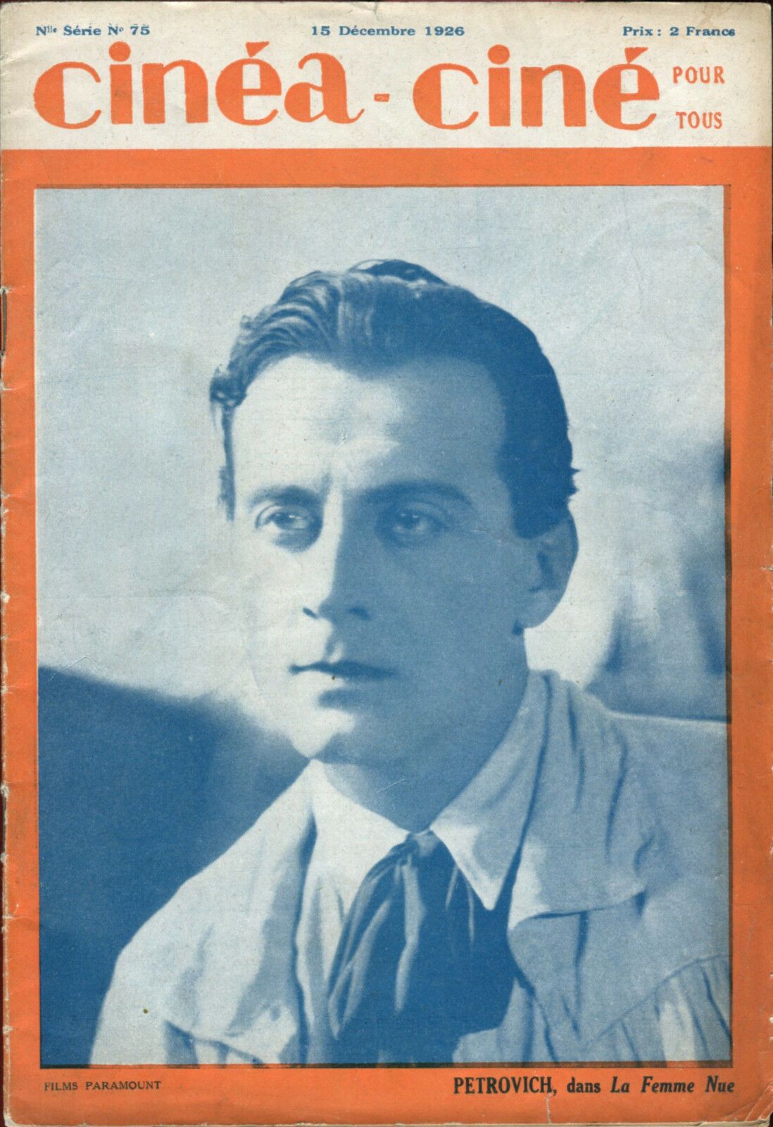 CINEA-CINE POUR TOUS magazine side cover Issue 75 15 December 1926