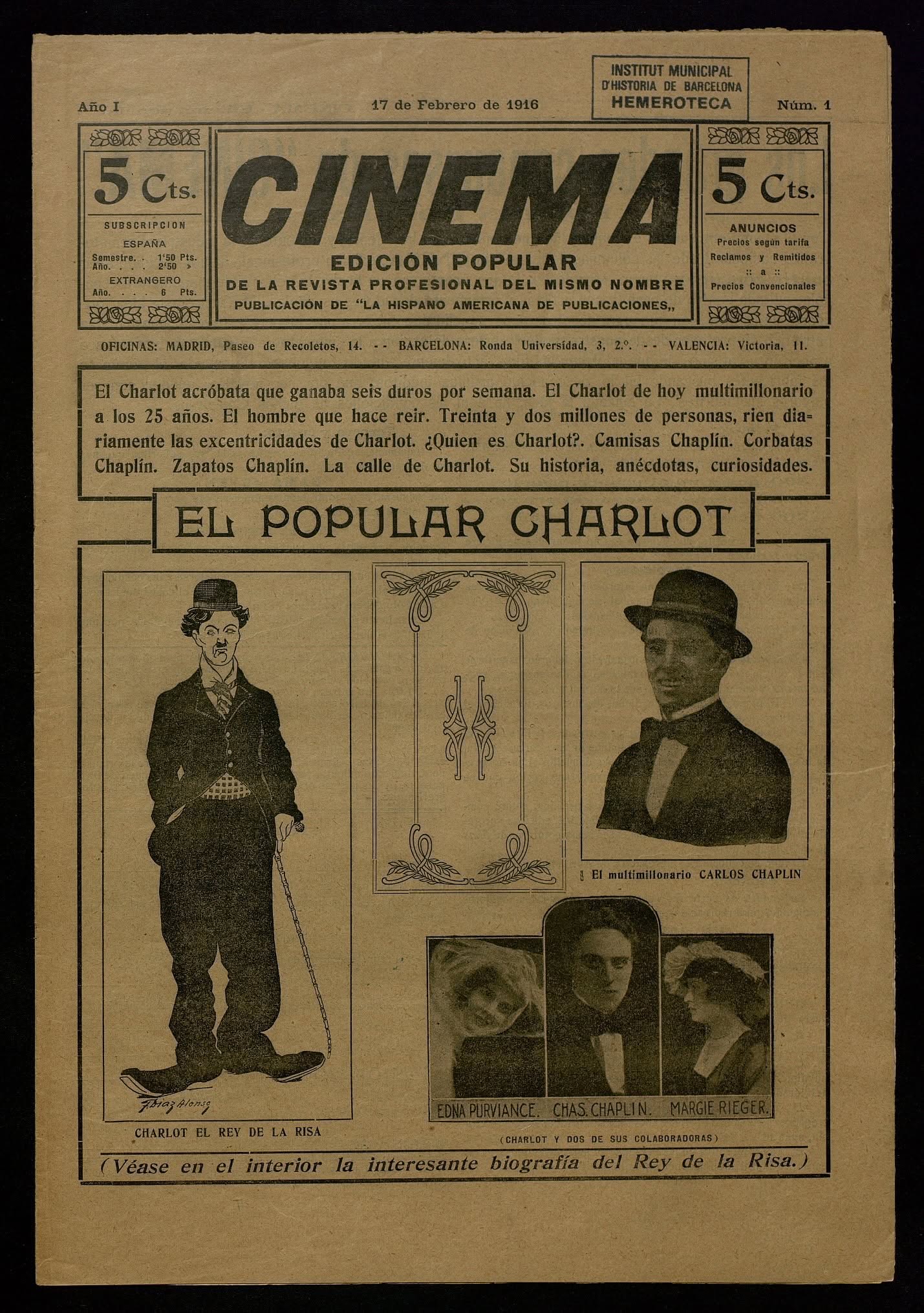 CINEMA EDICION POPULAR magazine side cover Issue 1 17 February 1916