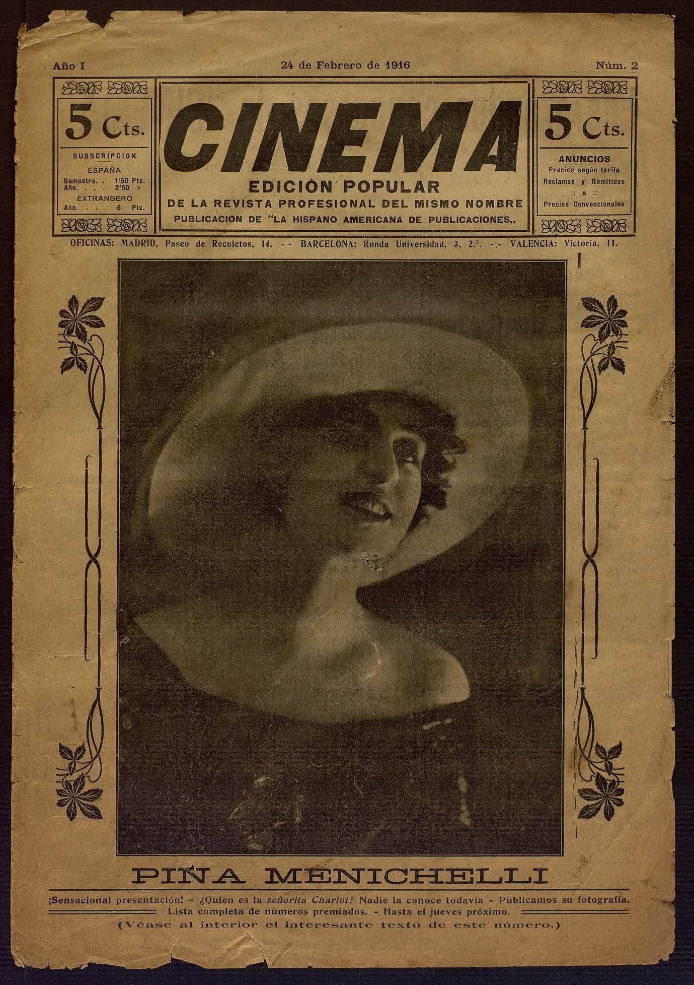 CINEMA EDICION POPULAR magazine side cover Issue 2 24 February 1916