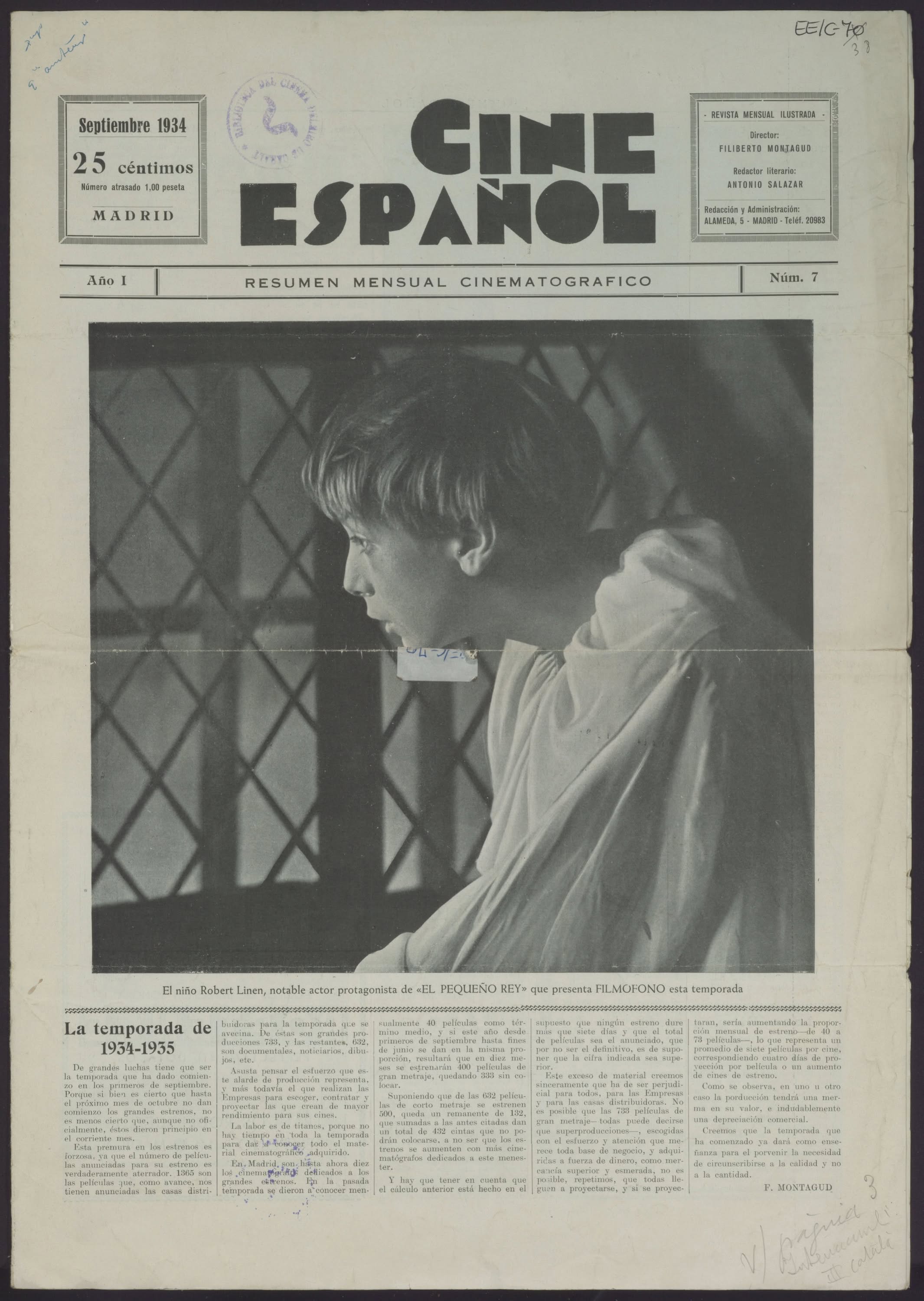 CINE ESPANOL magazine side cover Issue 7  September 1934