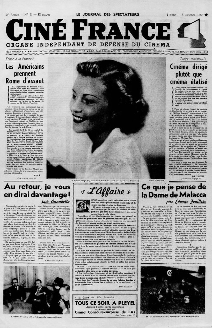 CINE FRANCE magazine side cover Issue 21 8 October 1937