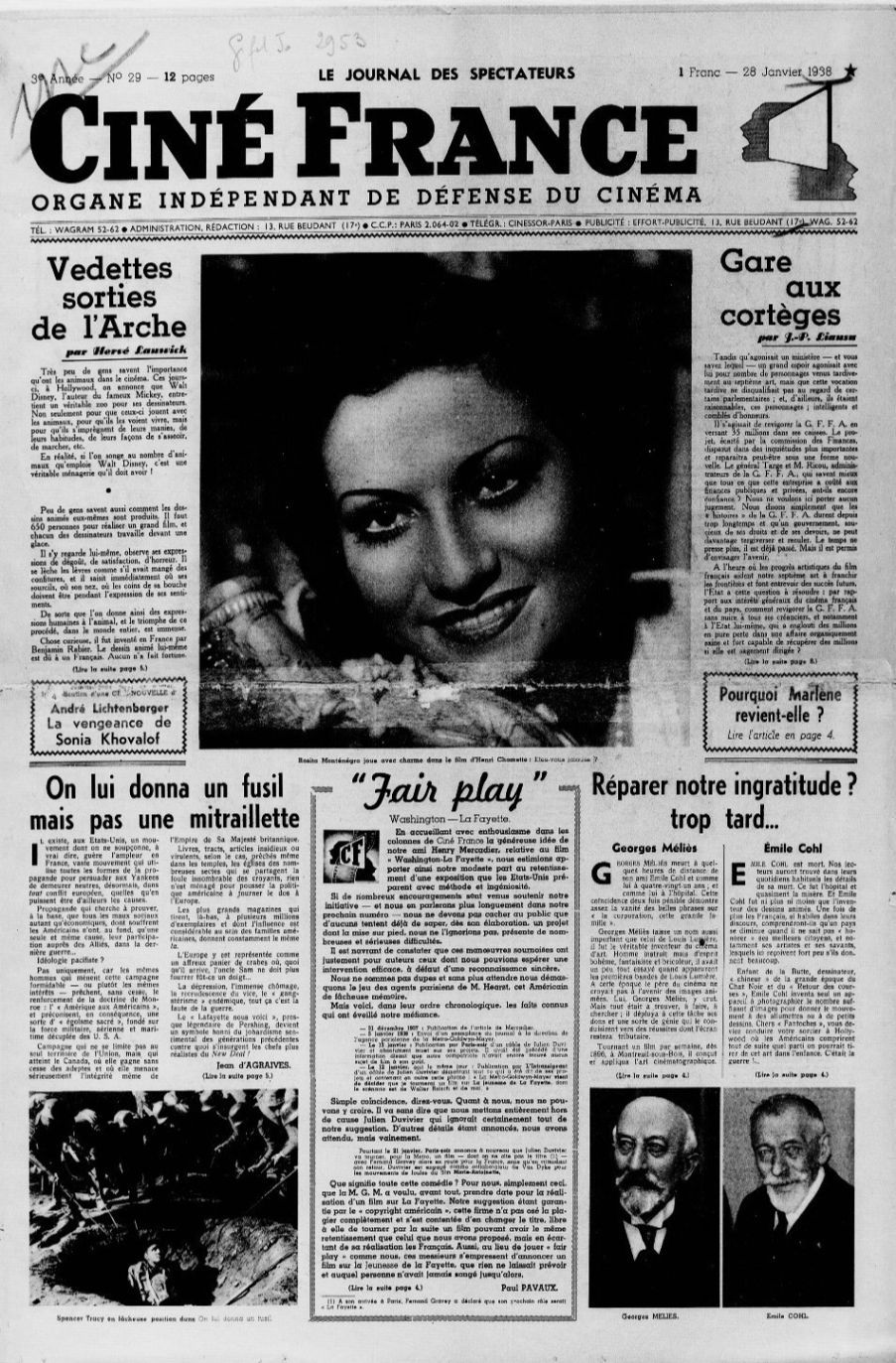 CINE FRANCE magazine side cover Issue 29 28 January 1938